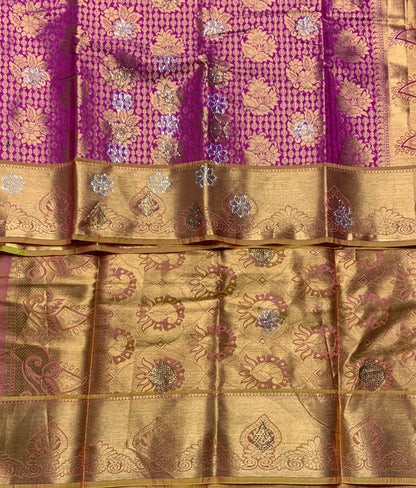 Vegan Silk Saree Pink Colour with Copper and Golden Yellow Border