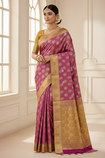 Vegan Silk Saree Pink Colour with Copper and Golden Yellow Border