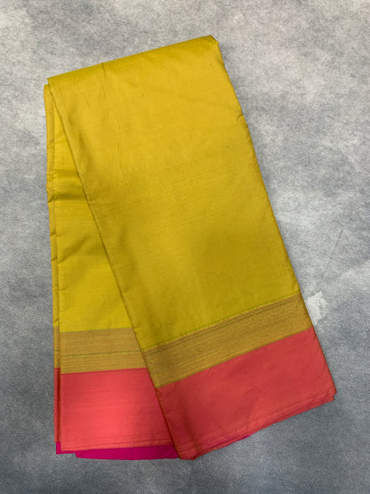 Arani Silk Saree Yellow Colour with Pink and Golden Zari Border