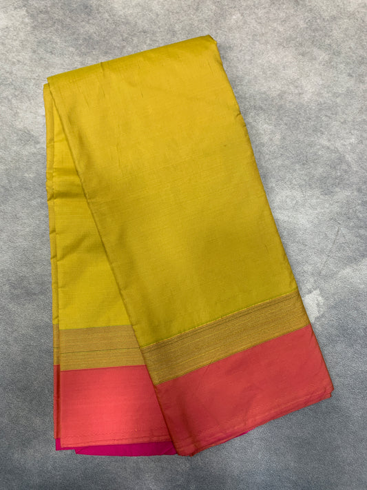 Arani Silk Saree Yellow Colour with Pink and Golden Zari Border