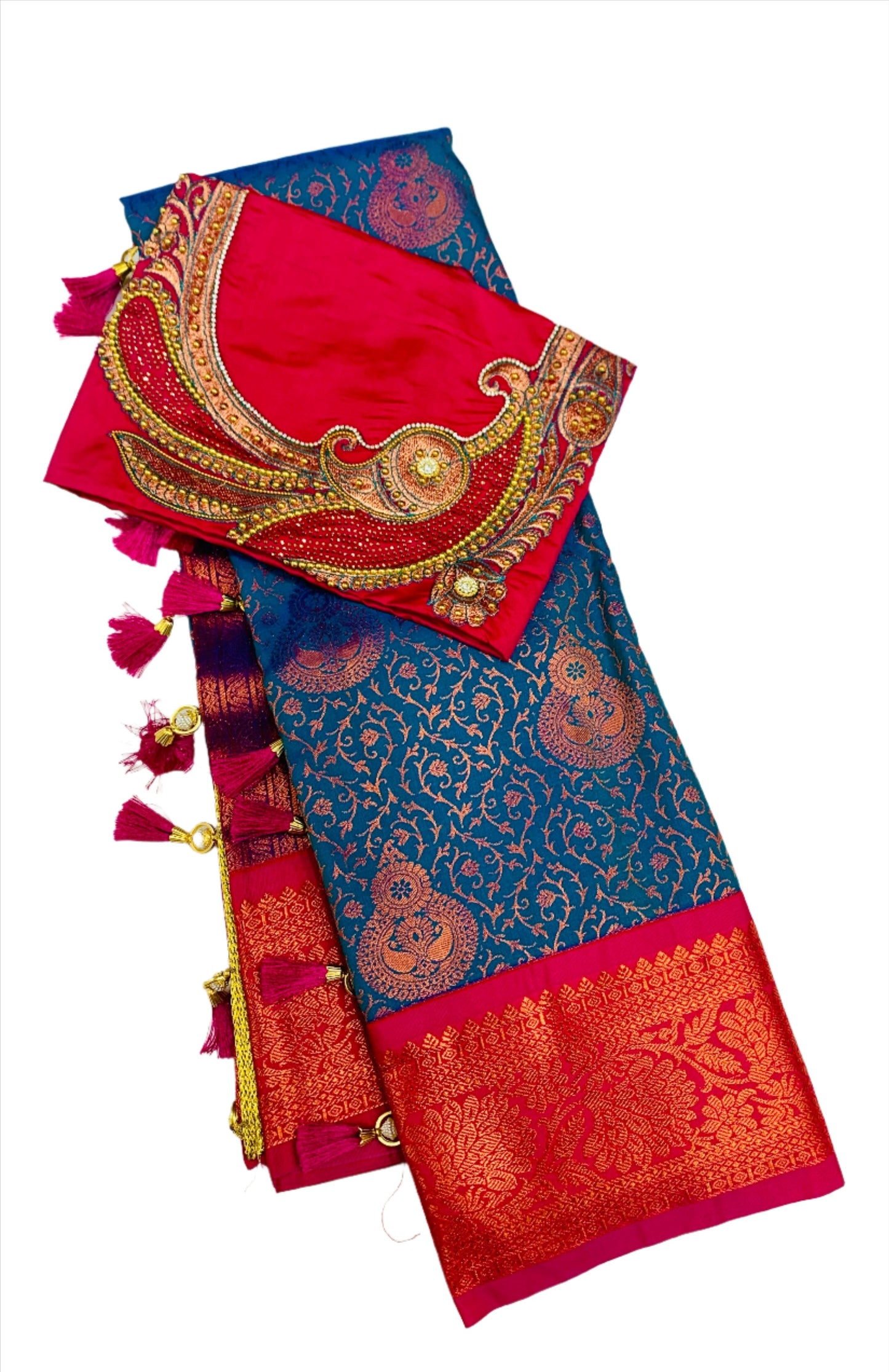 Bridal Vegan Silk Saree Blue shade with Pink Border with Unstitched blouse in Aari work