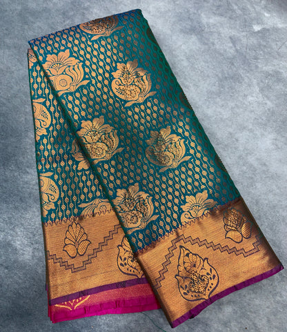 Vegan Silk Saree Rama Green Colour with Copper and Magenta Border