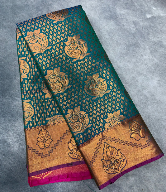 Vegan Silk Saree Rama Green Colour with Copper and Magenta Border
