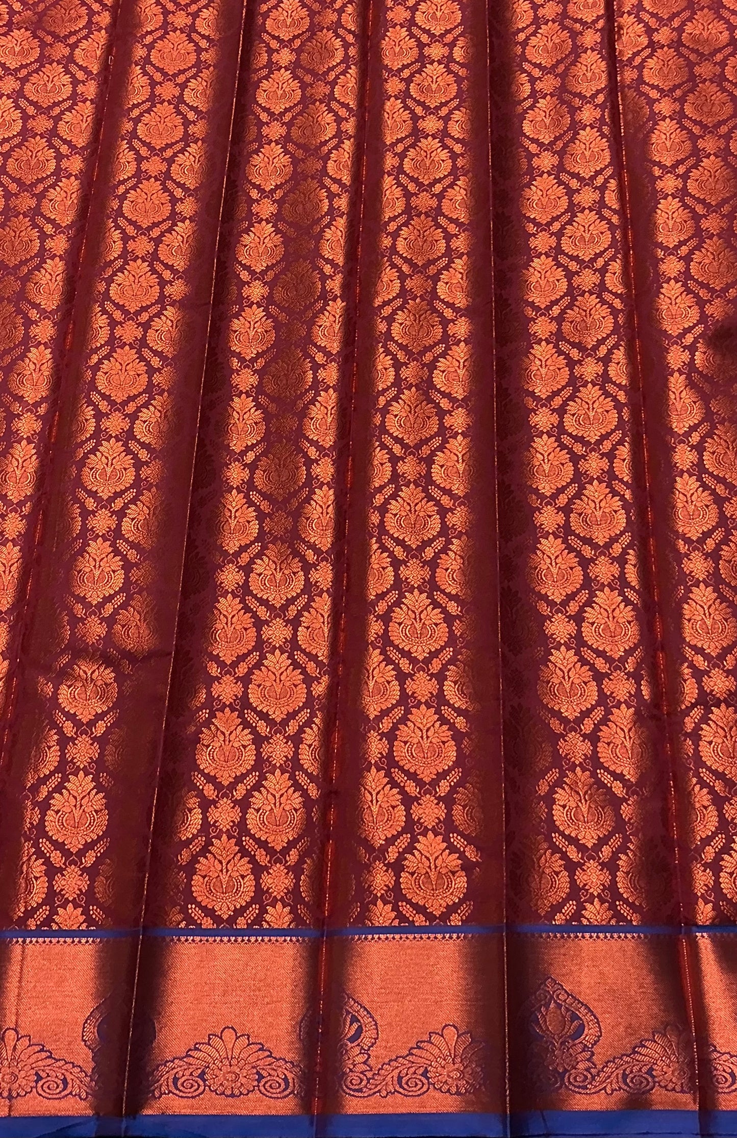 Vegan Silk Saree Dark Maroon Colour with Copper and Blue Border