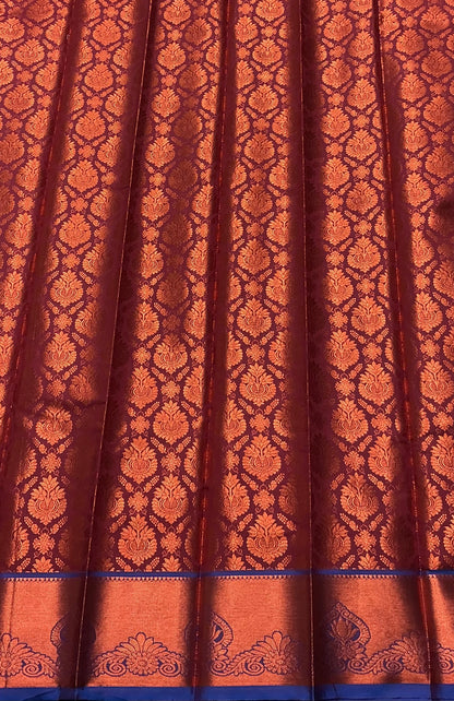 Vegan Silk Saree Dark Maroon Colour with Copper and Blue Border