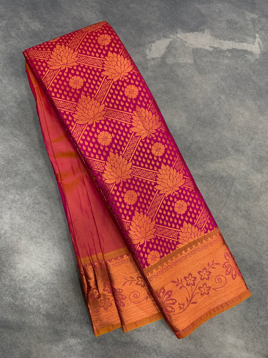 Vegan Silk Saree Pink Colour with Golden yellow and Copper Border