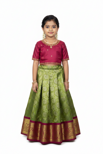 Golden Shade Vegan Silk Kids Pattu Pavadai with Contrast Border for age 2 to 5