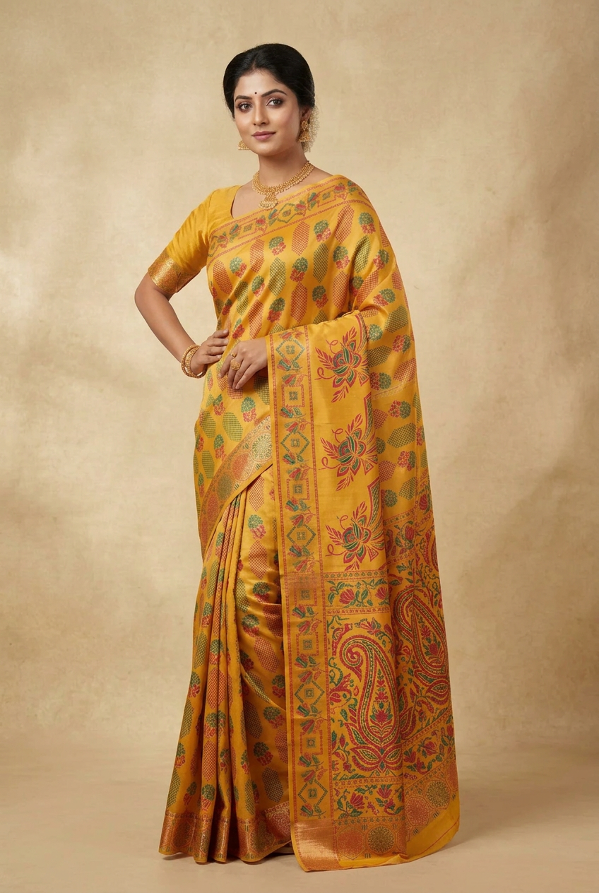 Fancy Cotton Saree Mustard Colour with Self Colour Border
