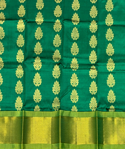 Green Shade Pure Kanchipuram Kids Pattu Pavadai with Contrast Border for Newborn to 2 Years