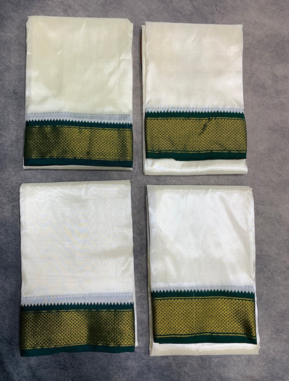 Art Silk Pooja Towel Cream with Small Ganga Jamuna(Green/ Maroon) Border - Pack of 4