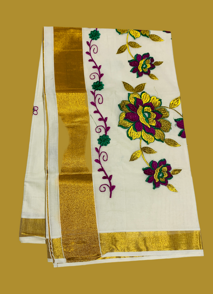 Kerala Cotton Saree Cream Colour with Floral Work Design