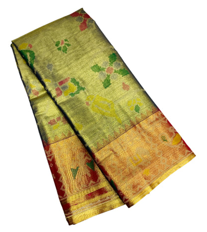 Pochampalli Tissue Silk Saree Golden Gray Colour with Golden Orange Border