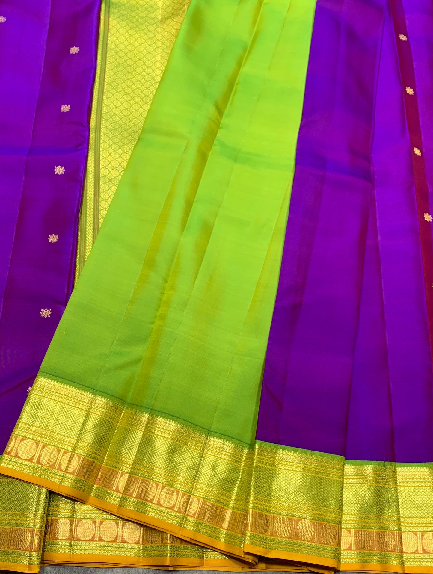 Pure Kanchipuram Silk Purple Colour with Lime Green and Golden Zari Border