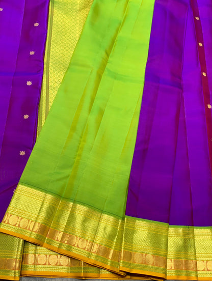 Pure Kanchipuram Silk Purple Colour with Lime Green and Golden Zari Border