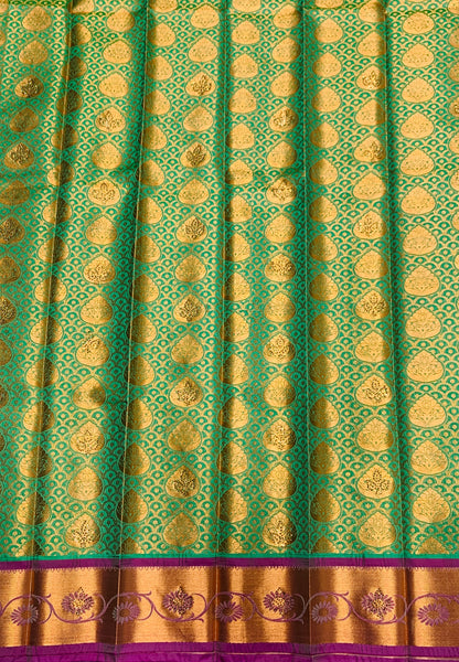 Vegan Silk Saree Light Green Colour with Copper and Pink Border