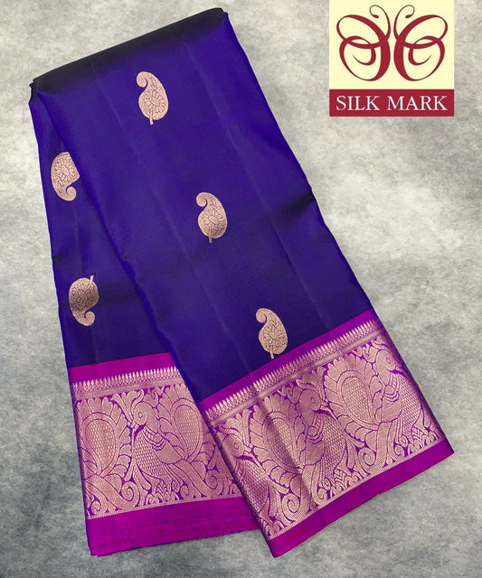 Pure Kanchipuram Silk Saree Blue Colour with Purple Border