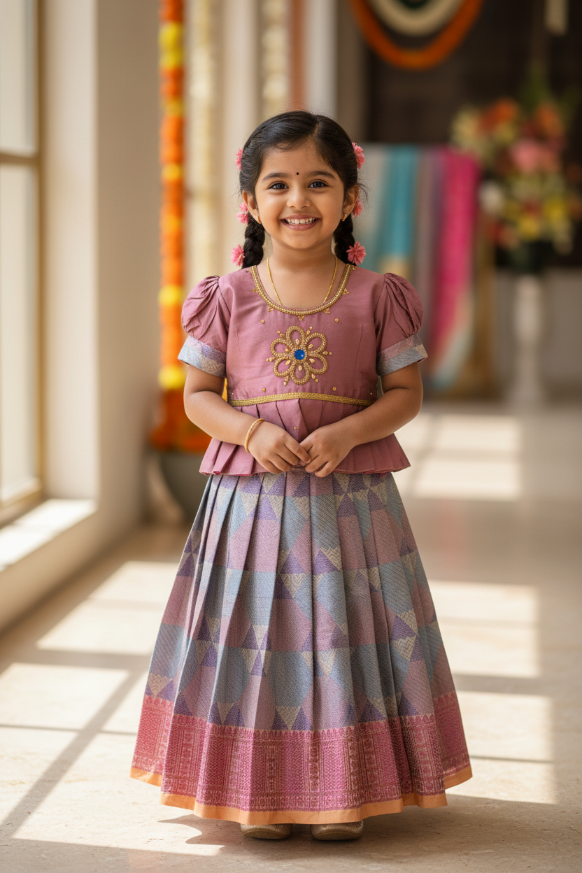 Ready To Wear Multicolor Pavadai with Contrast Lavender Blouse