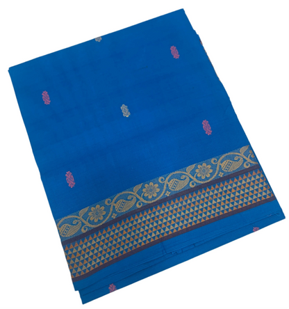 Chettinad Cotton Saree Blue Shade with Brown Border