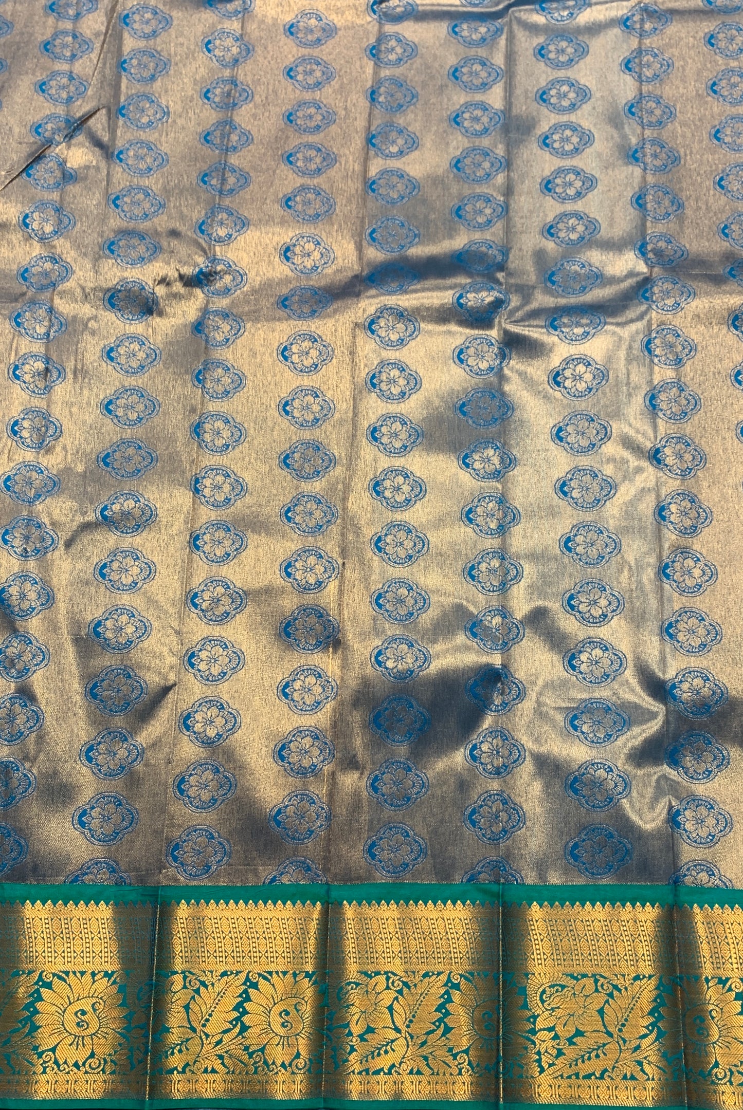 Vegan Silk Saree Peacock Green Colour Saree with Copper Border