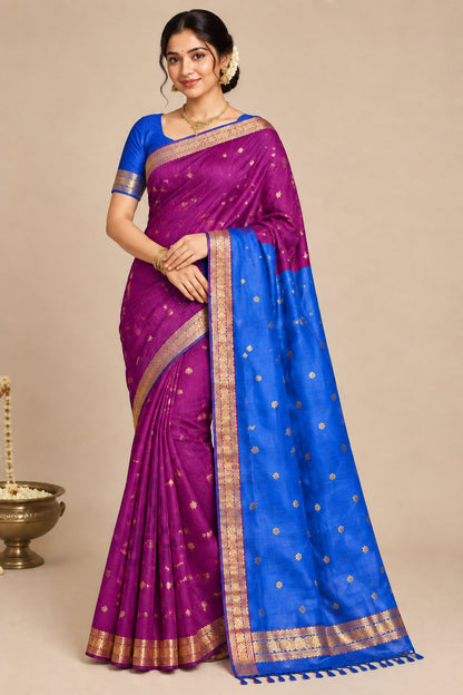 Magenta Colour Silk Cotton Saree with Copper Zari Border