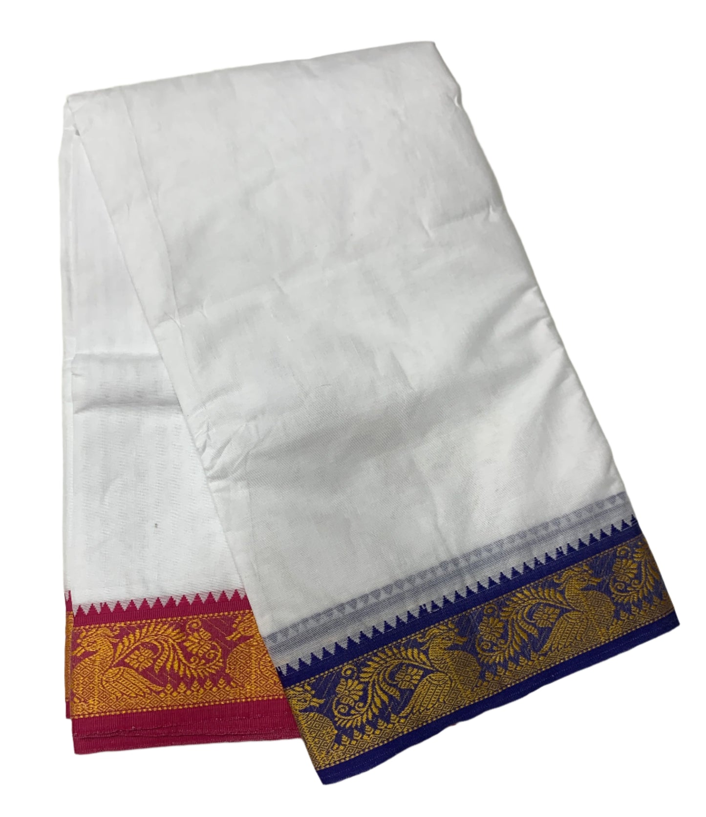 9X5 Cotton Dhoti White Blue and Pink Border with Angavastram