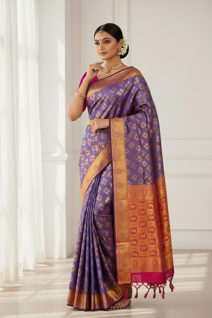 Vegan Silk Saree Violet Colour with Copper and Magenta Border