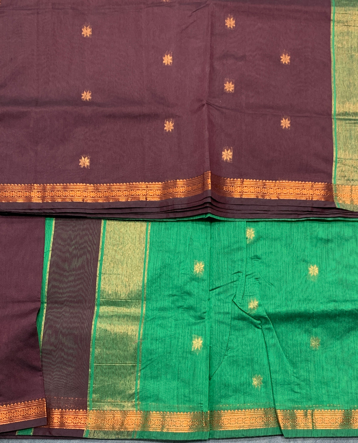 Brown Colour Silk Cotton Saree with Copper Zari Border