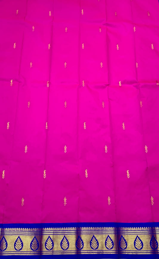 Pure Kanchipuram Silk Saree Pink Colour with Blue and Gold Zari Border