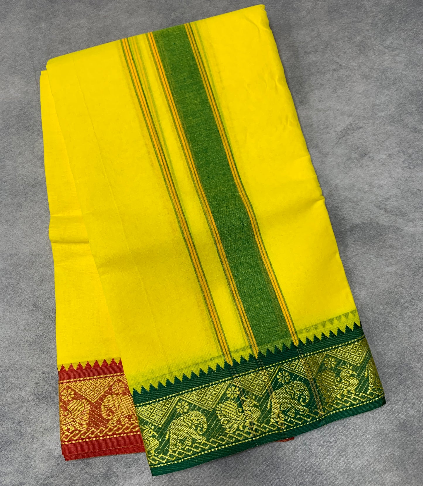 9X5 Cotton Dhoti Yellow Colour with Green and Red Border with Angavastarm