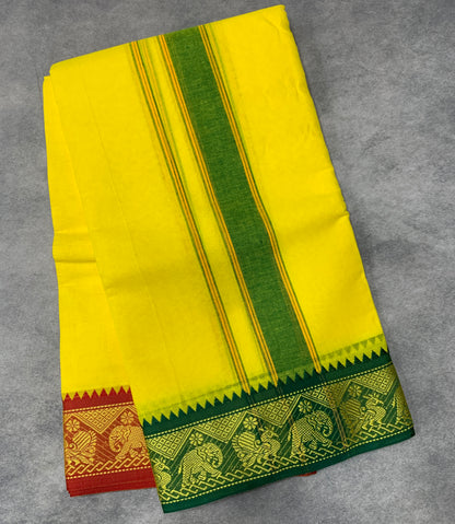 9X5 Cotton Dhoti Yellow Colour with Green and Red Border with Angavastarm