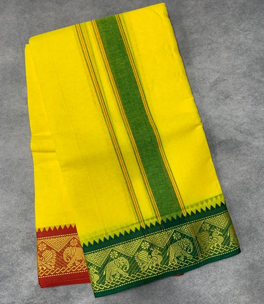 9X5 Cotton Dhoti Yellow Colour with Green and Red Border with Angavastarm