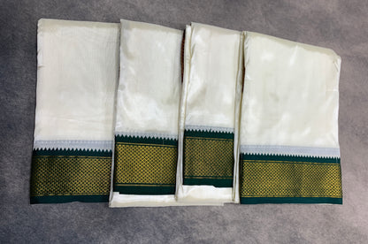 Art Silk Pooja Towel Cream with Small Ganga Jamuna(Green/ Maroon) Border - Pack of 4