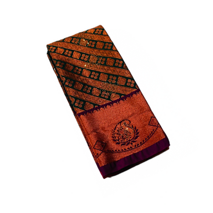 Green Shade Soft kanchi pattu with Copper and Purple Border with Mango design.