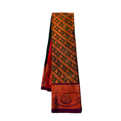 Green Shade Soft kanchi pattu with Copper and Purple Border with Mango design.