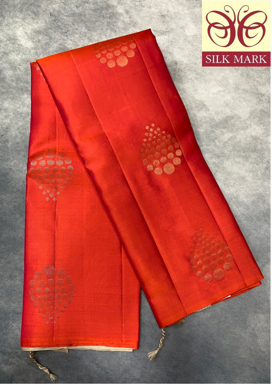 Pure Kanchipuram Silk Saree Orange Colour with Border Less