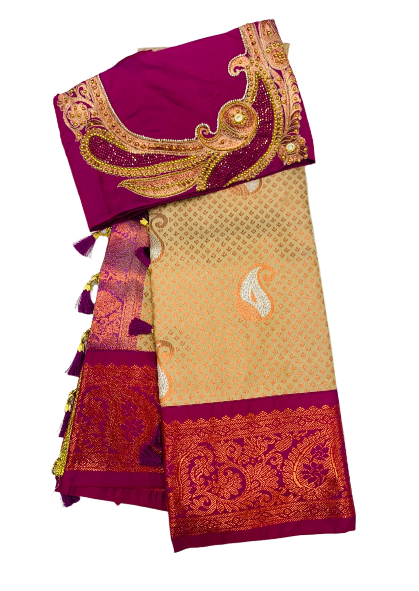 Bridal Vegan Silk Saree Sandal shade with Pink Border with Unstitched blouse in Aari work