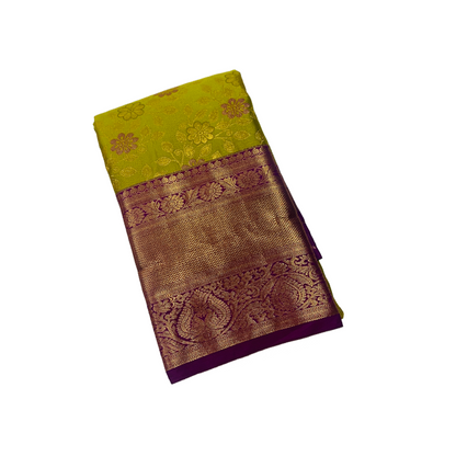 Golden Green shade Soft kanchi pattu with Purple Border