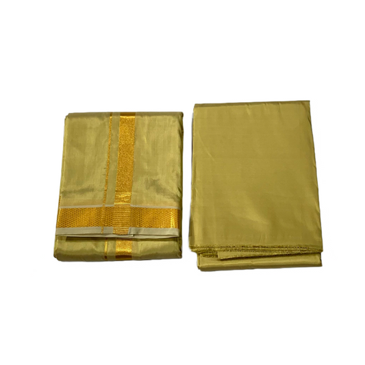 Golden Yellow  Pattu Dhothi and Shirt Material.