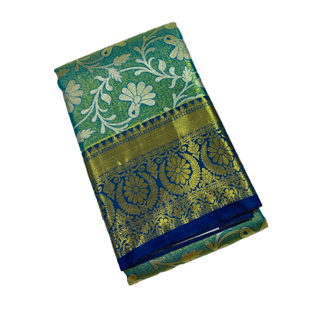 Golden Green shade Soft kanchi pattu with Blue Border with Flower design