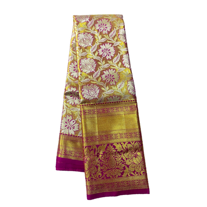 Vegan Silk Saree Golden Colour with Floral design