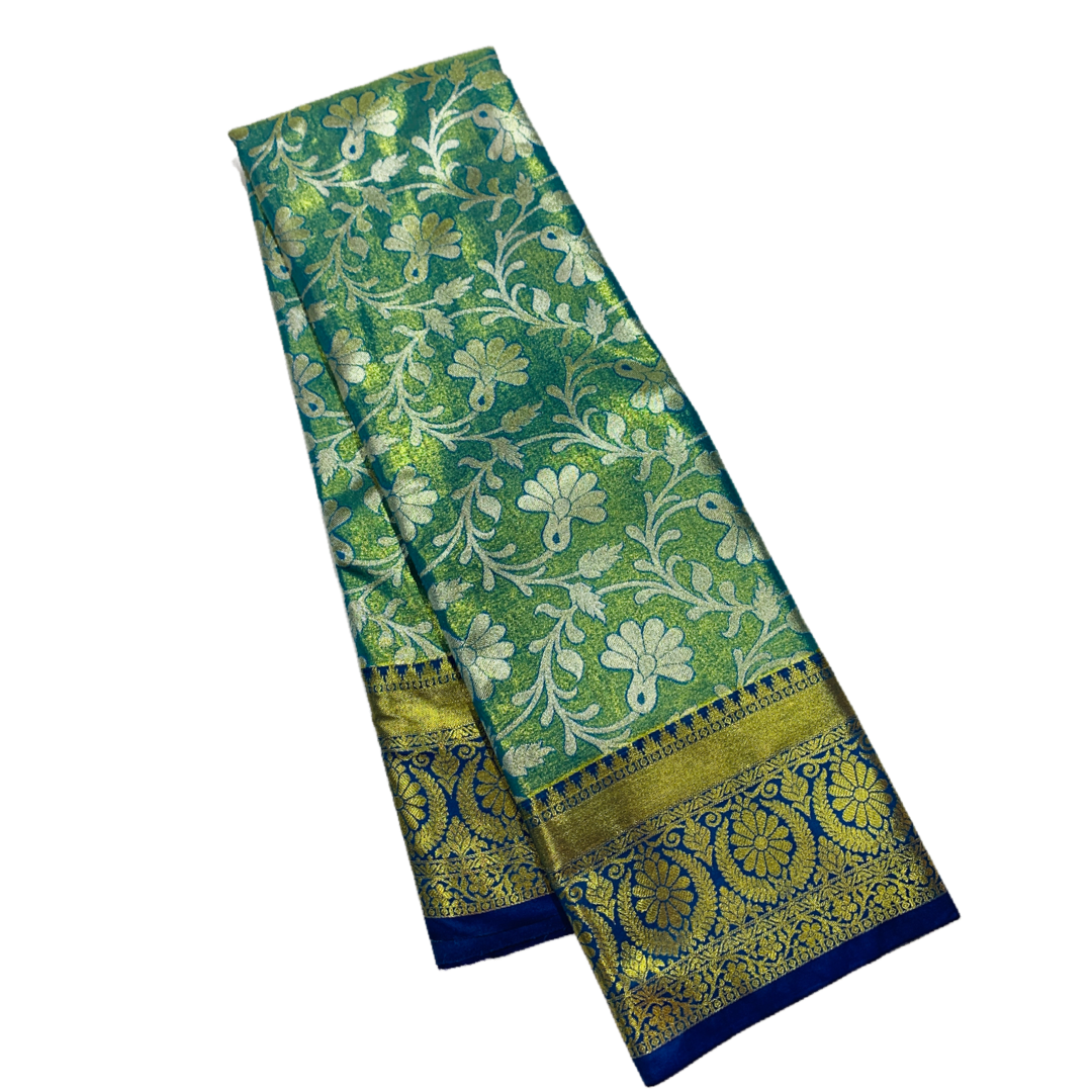 Golden Green shade Soft kanchi pattu with Blue Border with Flower design