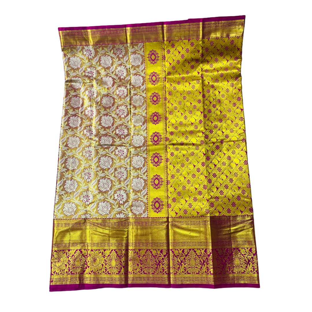 Vegan Silk Saree Golden Colour with Floral design