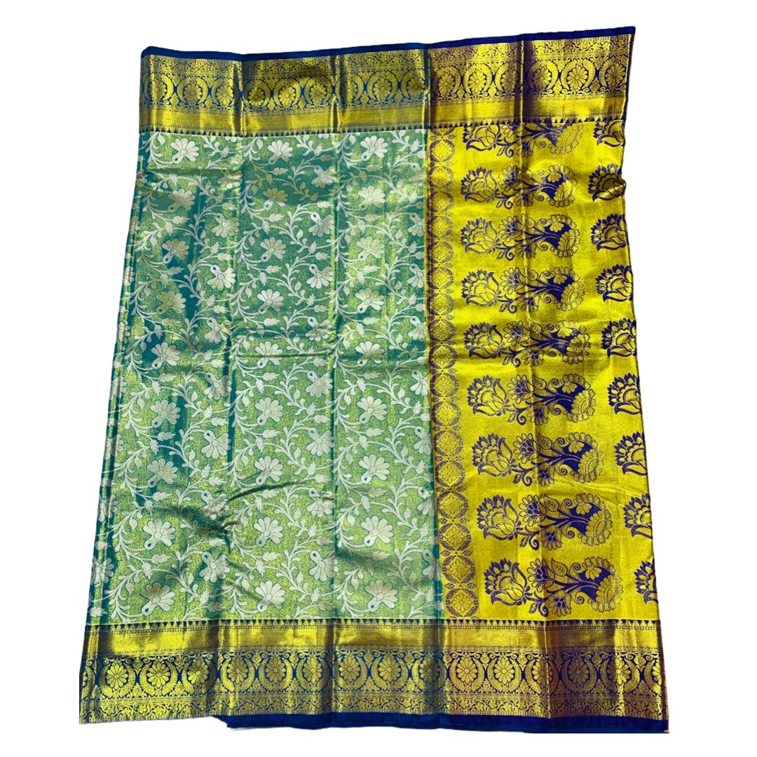 Golden Green shade Soft kanchi pattu with Blue Border with Flower design