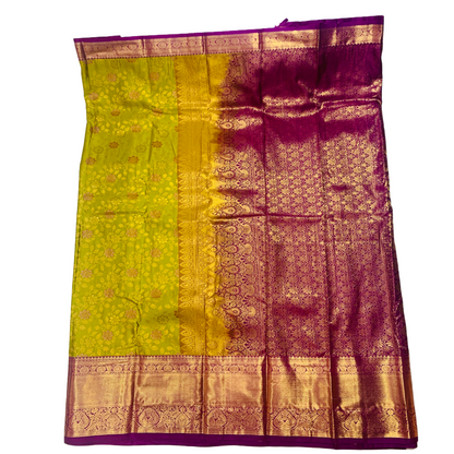 Golden Green shade Soft kanchi pattu with Purple Border