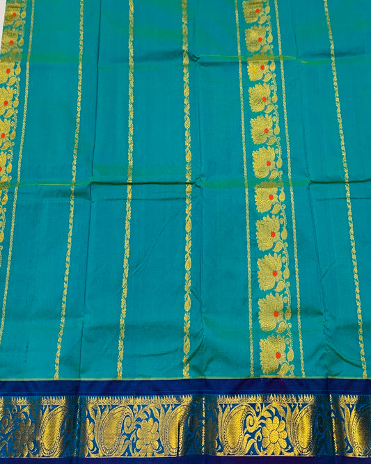 Golden Blue shade vegan silk Kids Pattu Pavadai with contrast border(Size-5)Below 5 years