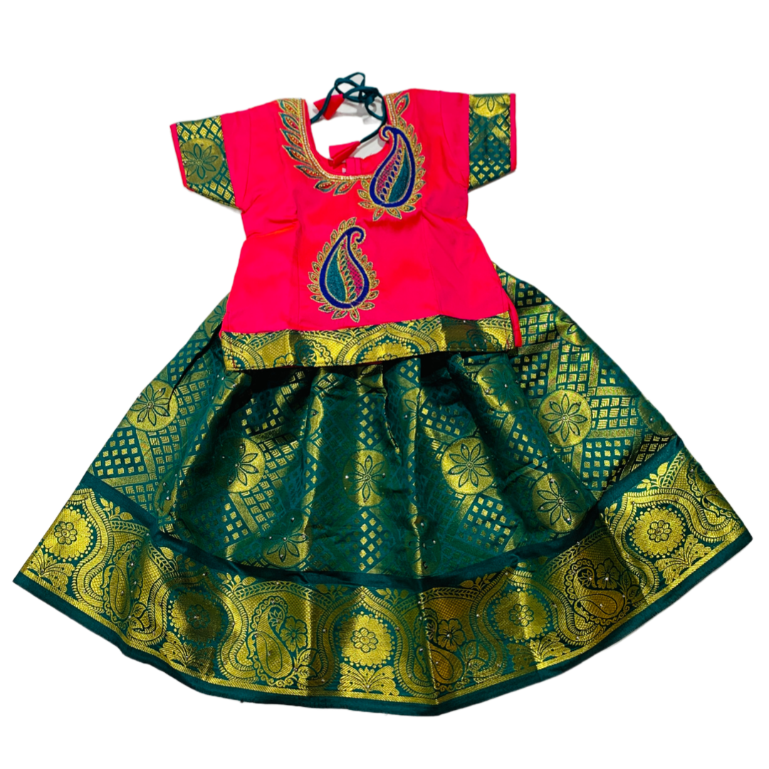 Ready To Wear  Green Pavadai with contrast Baby Pink Blouse - 6 months Baby