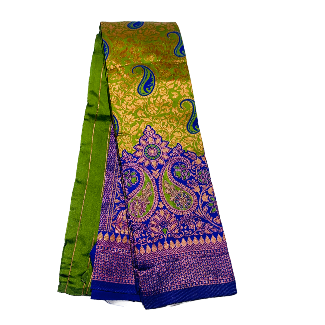 Green Fancy saree with contrast Blue Border with Mango and Floral design