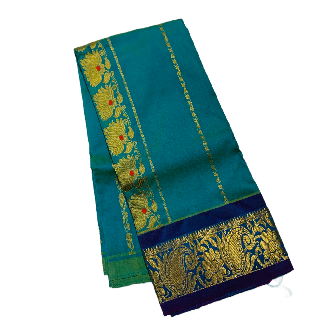 Golden Blue shade Semi silk Kids Pattu Pavadai with contrast border for  age 2 to 5