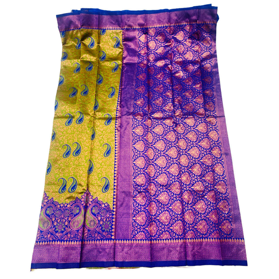 Green Fancy saree with contrast Blue Border with Mango and Floral design