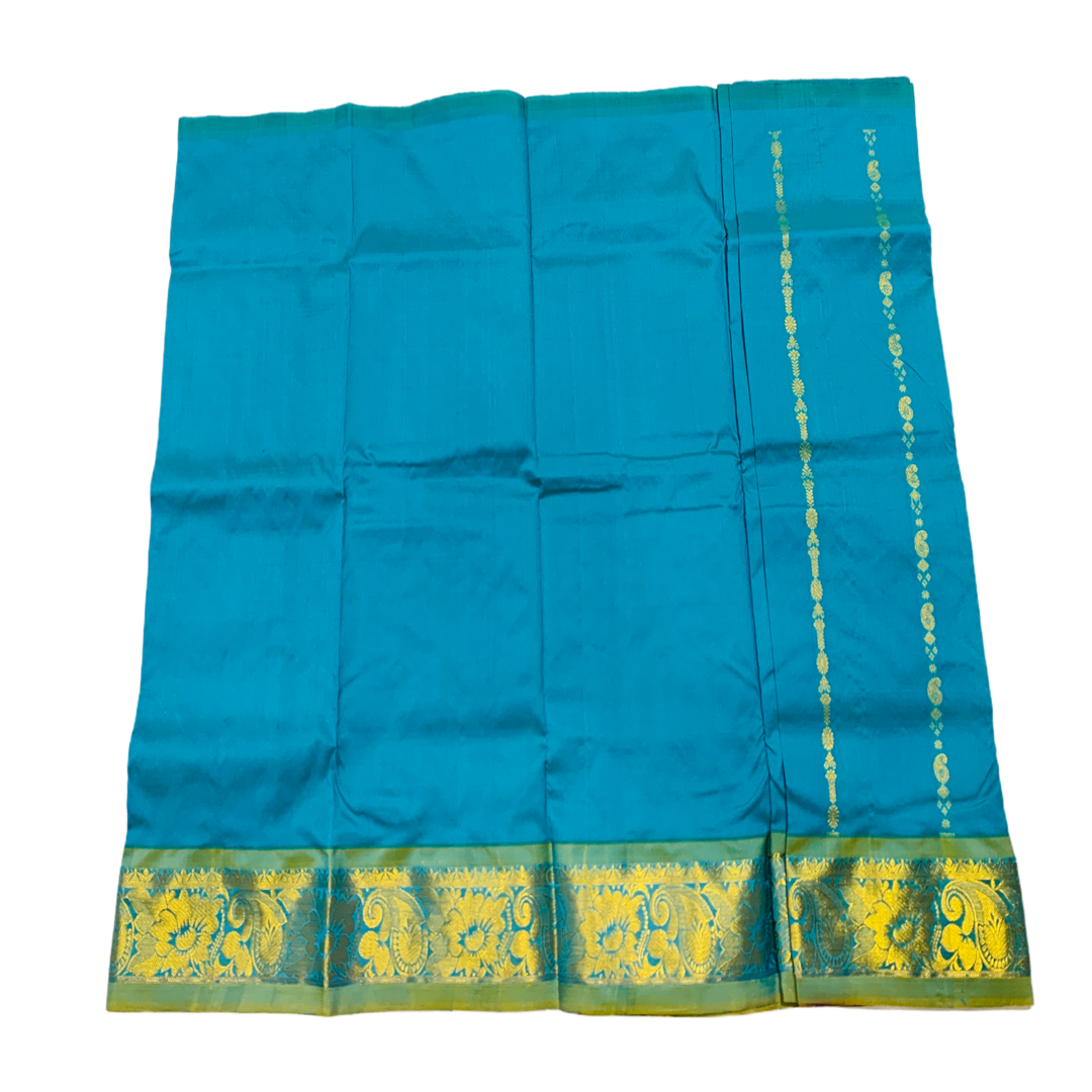 Golden Blue shade Semi silk Kids Pattu Pavadai with contrast border for  age 2 to 5